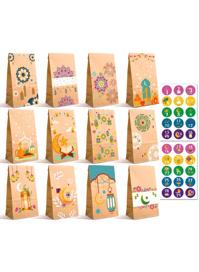 Paper Bags Flat Bags Kraft Paper Bags Gift Bags - 54Pcs(24 Ramadan-Themed Bags And 30 Countdown Stickers)